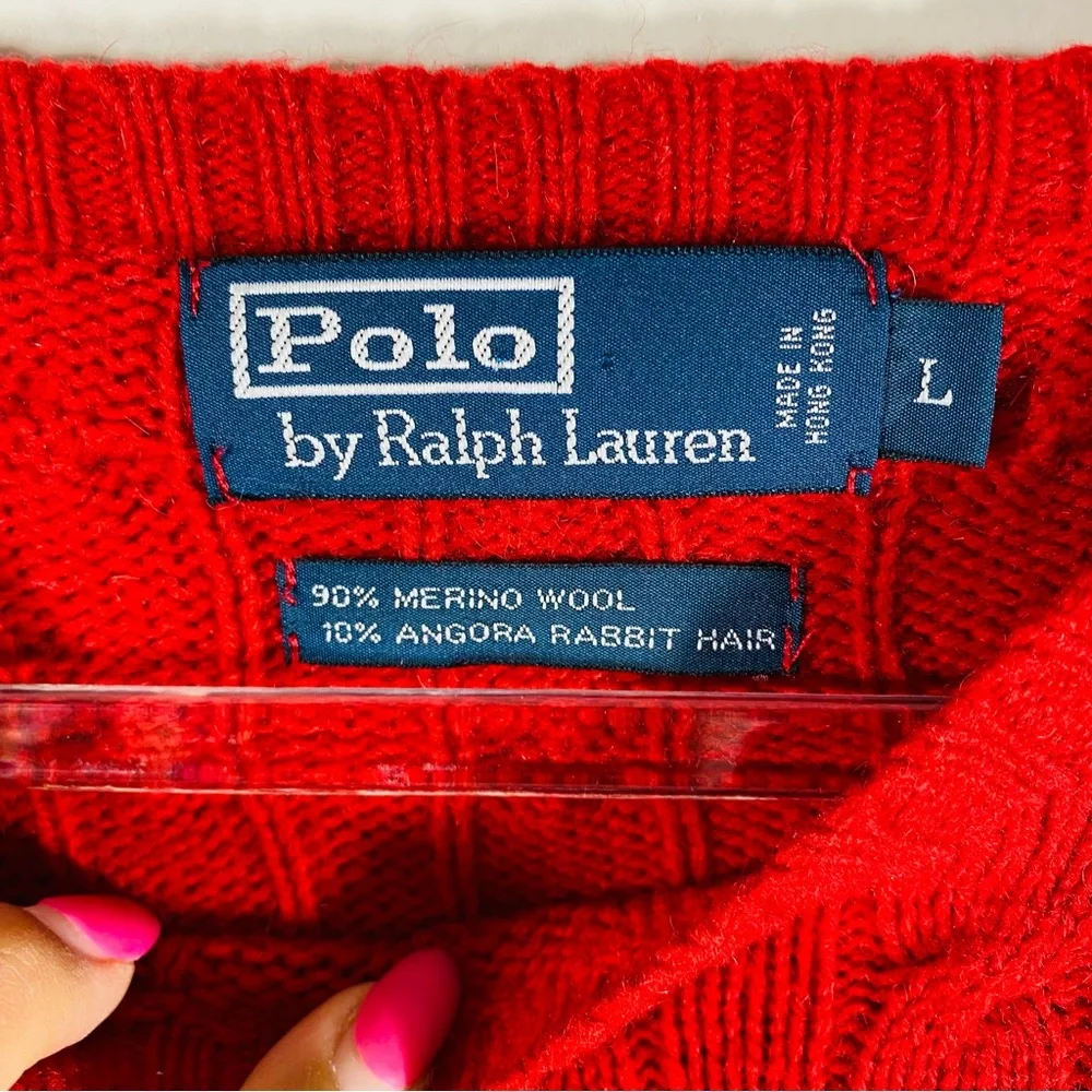 Polo By Ralph Lauren Red Mens Merino Angora Pullover Cable Knit Sweater Sz Large - Picture 6 of 7